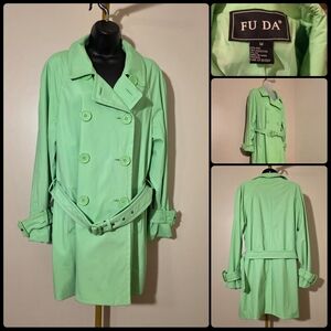 Vintage Fu Da Mint Green Belted Vinyl Trench Rain Coat size Medium
